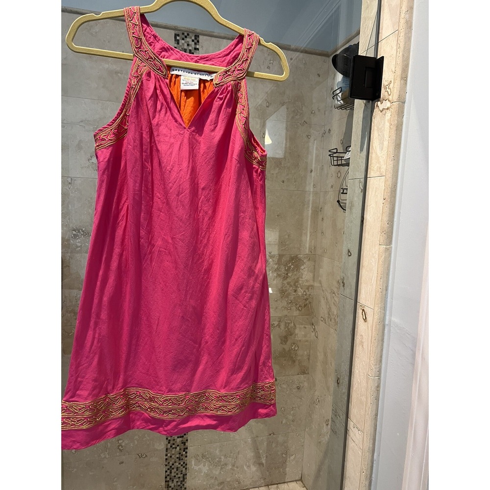 Gretchen Scott Sleeveless Shift Dress Pink Gold Embroidery Gauzy Sundress S